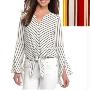 Fever Bell Sleeve Tie Front Hi-Low Tuxedo Back Red Yellow Chevron Stripe Top NWT